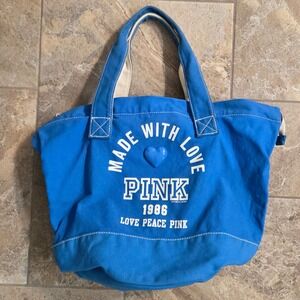 Victoria's Secret PINK Blue Canvas Tote Bag Made With Love 1986 Zip Top